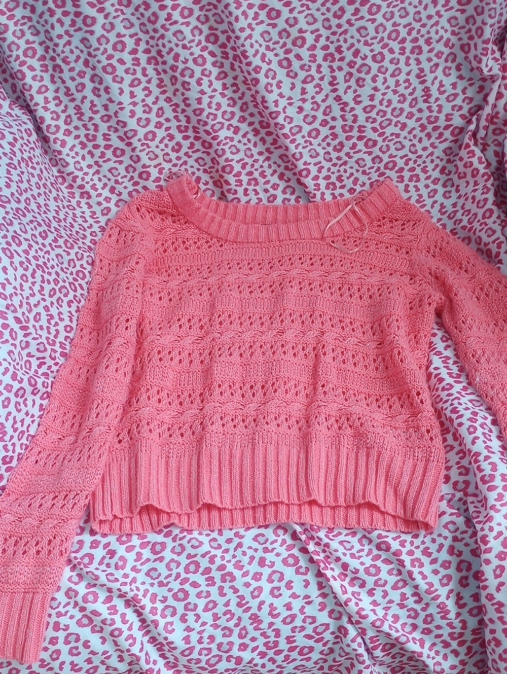 Takeout Coral Pink Crochet Crewneck Sweater